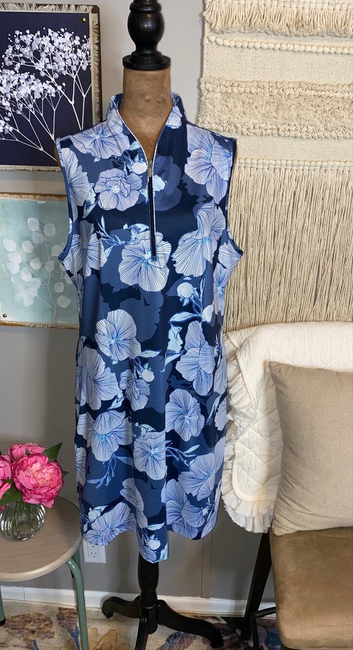Greg Norman Play Dry Floral Golf Dress L Blue Sleeveless Quarter Zip Pockets
